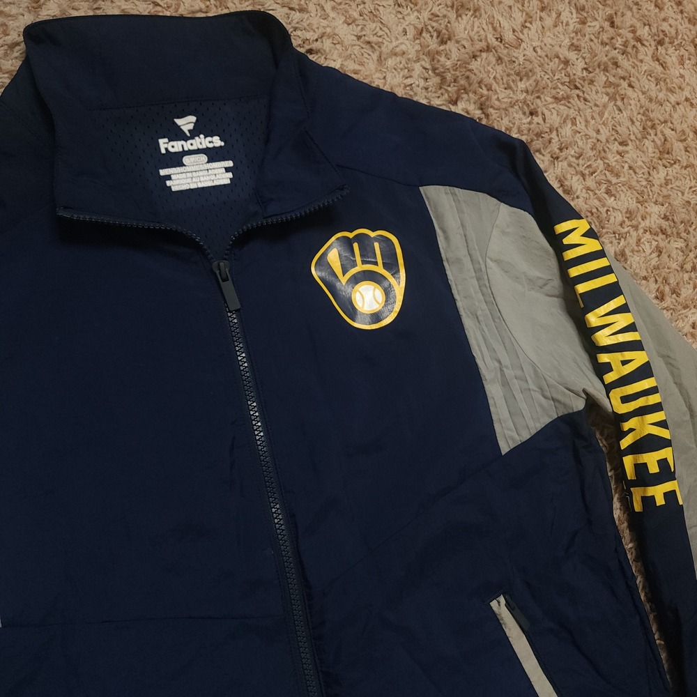 Fanatics‎ Milwaukee Brewers Windbreaker Mens Small Navy Grey Full Zip MLB Jacket